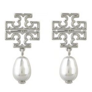 TORY BURCH • Silver Britten Logo Pearl Drop Earrings